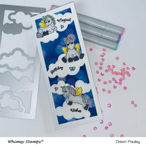 Read more about the article Slimline Unicorn Birthday Card/ Whimsy Stamps Cloud Die